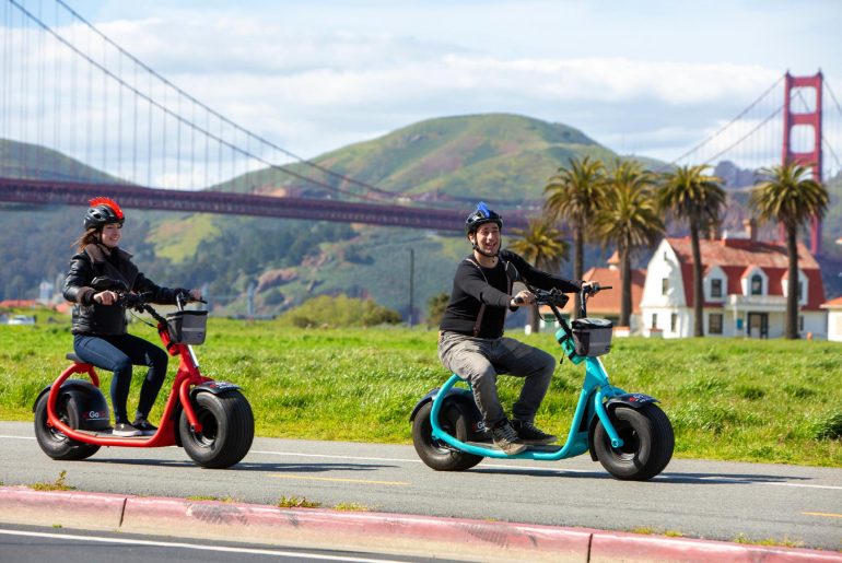 Our 1 and 2-seat electric scooter rentals have GoRide GPS on board for a fully narrated sightseeing tour to the Golden Gate Bridge in style.