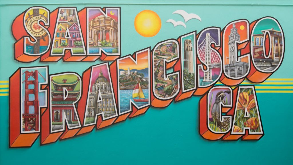 Greetings from San Francisco Mural includes iconic images from the bay area